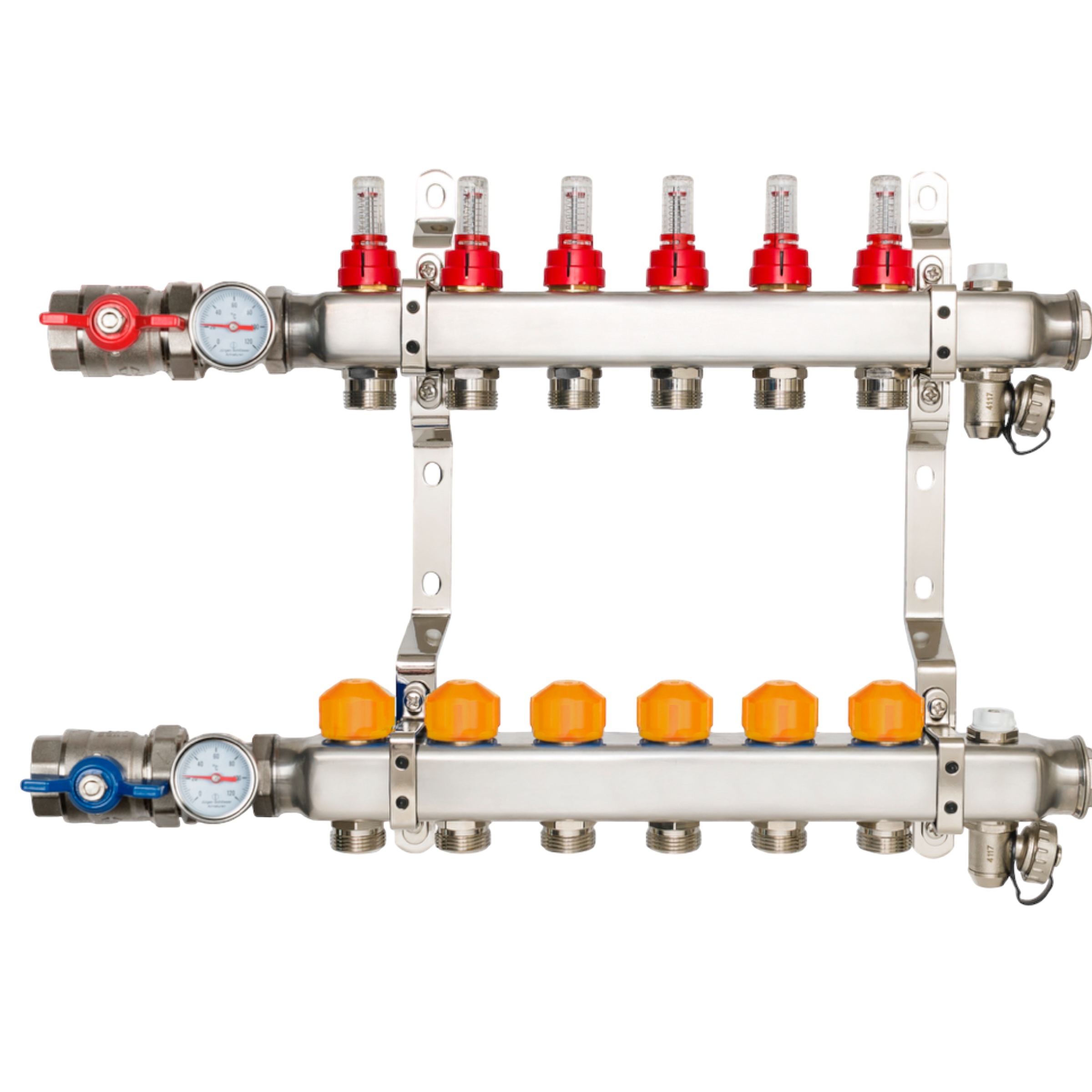 RVS Constant Flow verdeler met zes groepen voor vloerverwarming, voorzien van geïntegreerde flowmeters, instelbare ventielen, afsluiters en thermometers voor een nauwkeurige waterverdeling en optimale regeling van het verwarmingssysteem.