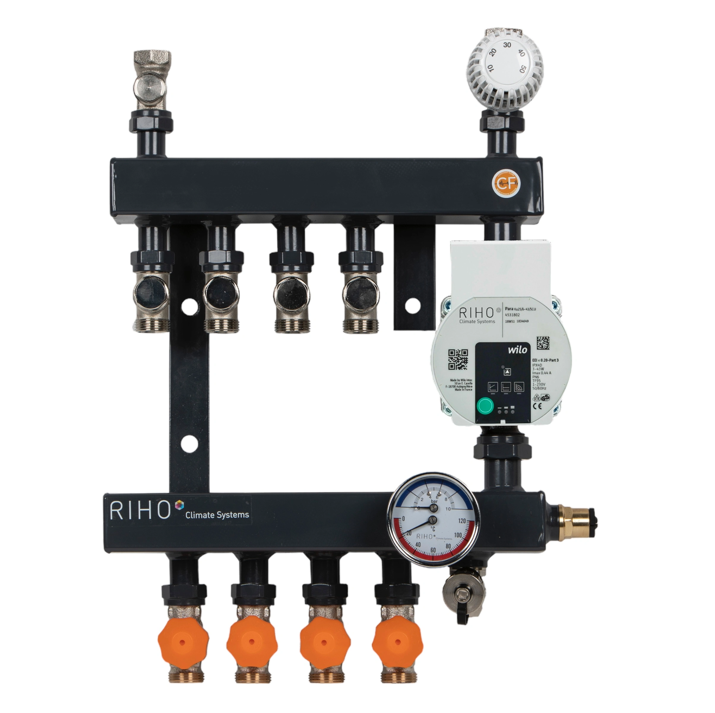 Zwarte Boxer ECO Constant Flow vloerverwarmingsverdeler met vier groepen, circulatiepomp, drukmeter en afzonderlijke regelventielen.