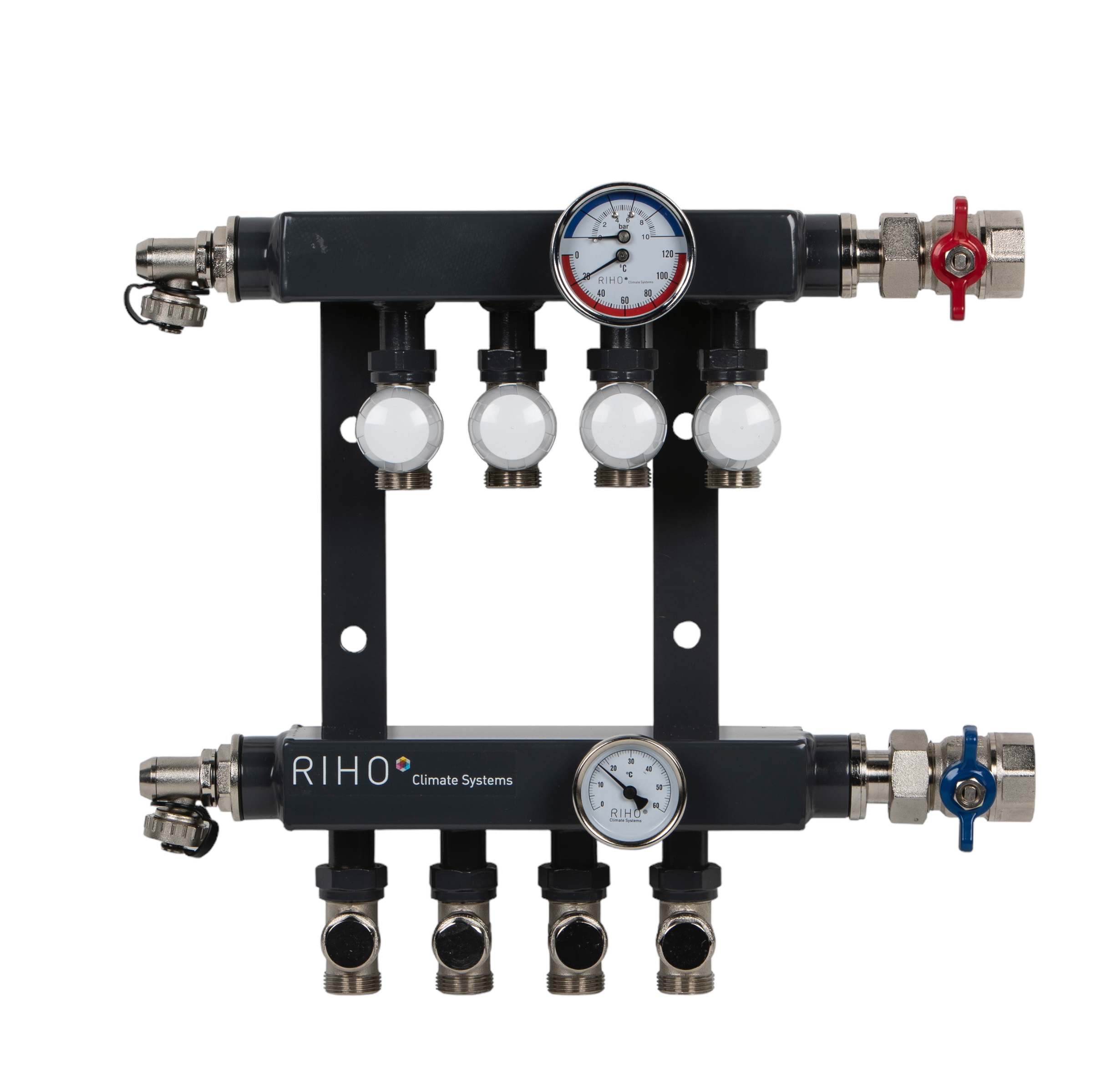 Zwarte RIHO-vloerverwarmingsverdeler met vier groepen, een mano/thermometer in het aanvoercircuit, ene thermometer in de retourcircuit en twee afsluiters rechts