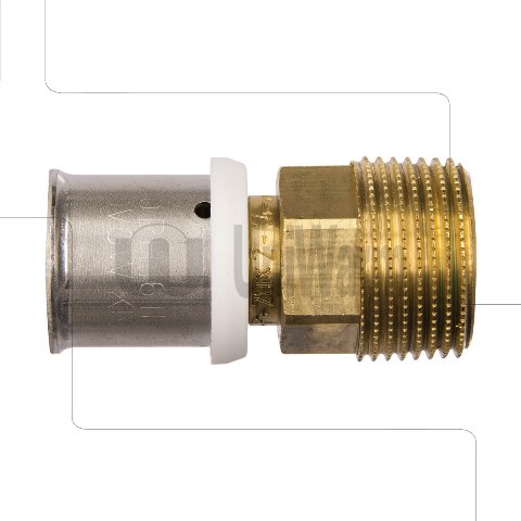 Perskoppeling met metalen pershuls en messing buitendraad voor het aansluiten van een leiding.