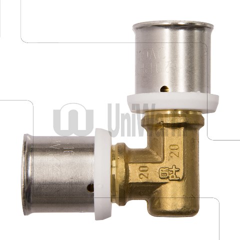 Messing knie koppeling met twee metalen pershulzen voor de koppeling van vloerverwarmingsleiding