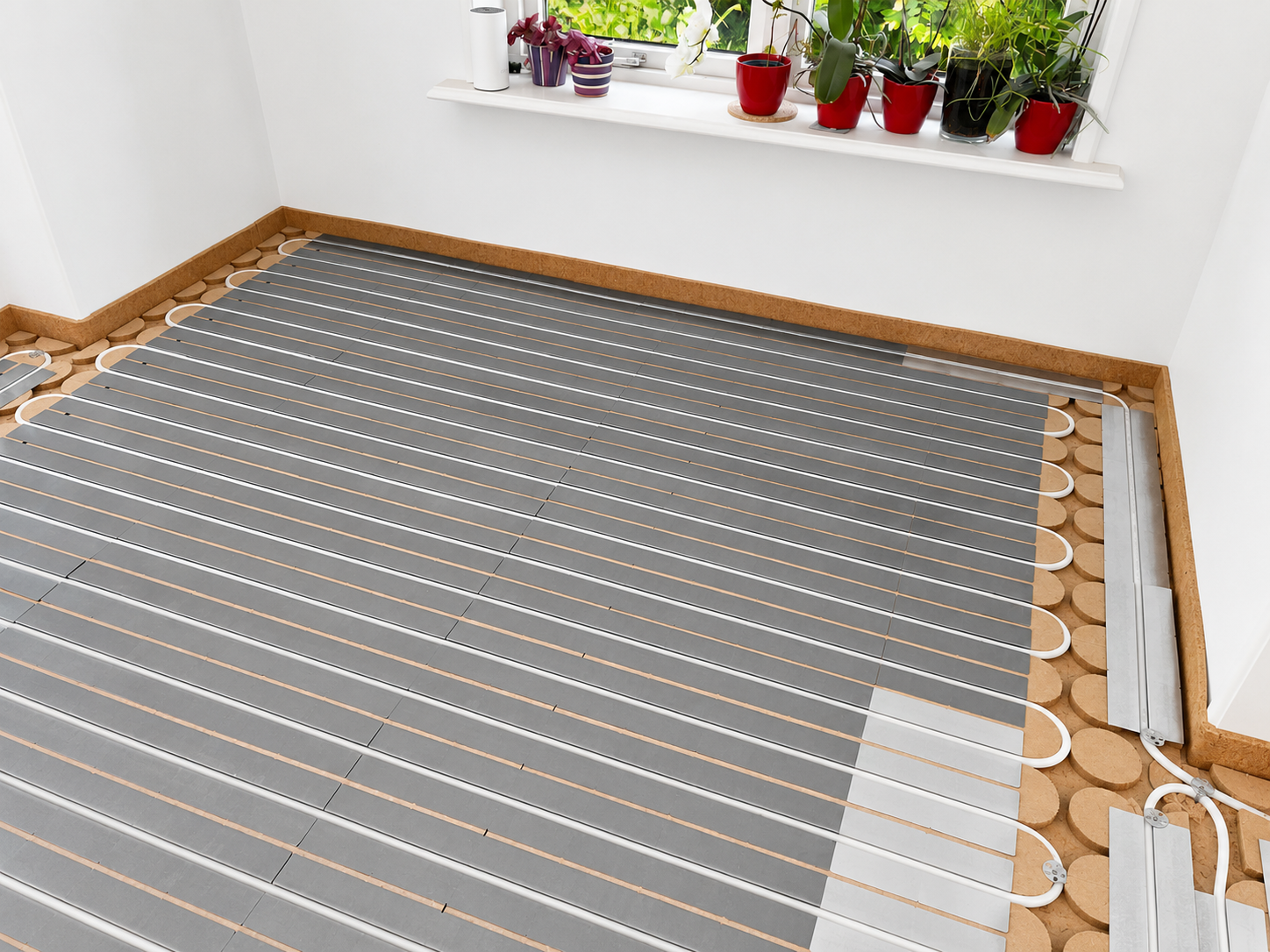 Uniwarm ECO circulair vloerverwarmingssysteem met houtvezelplaten, warmtegeleidende lamellen en vloerverwarmingsleidingen, gemonteerd in een woning. Het droogbouwsysteem met lage opbouwhoogte zorgt voor een gelijkmatige warmteverdeling en is geschikt voor