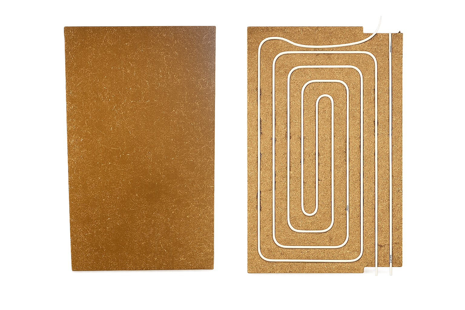 Healture wandmodule van Uniwarm met biobased stropaneel. Links de onbewerkte stroplaat en rechts de voorgemonteerde wandmodule met ge&iuml;ntegreerde verwarmings- en koelleiding.