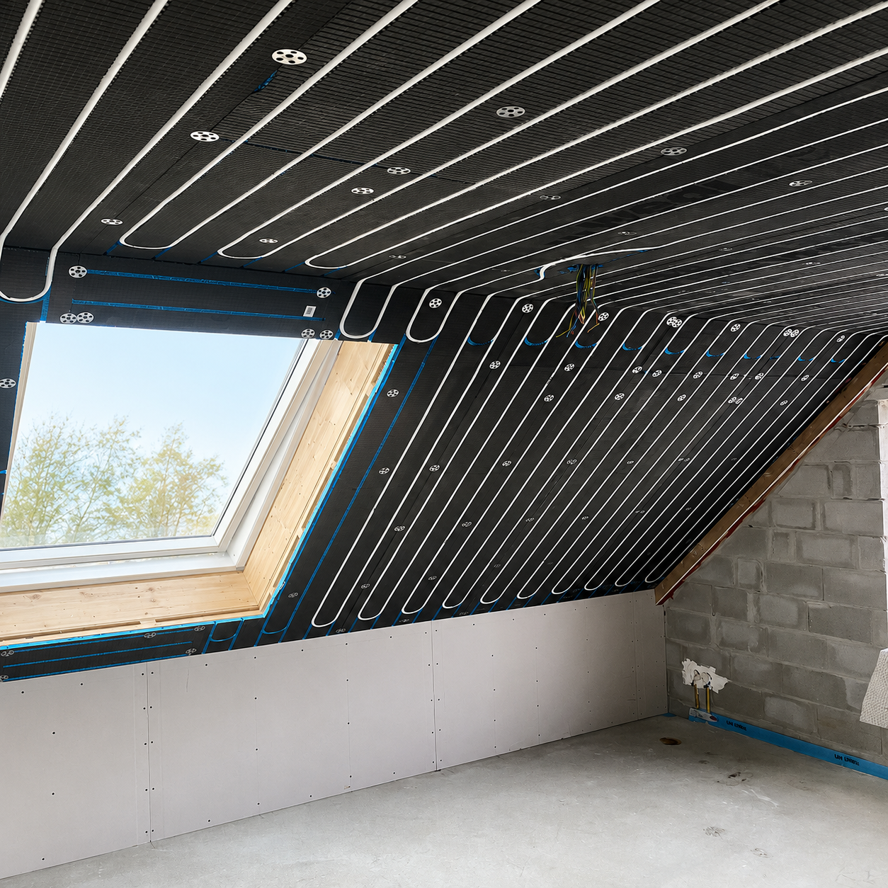 Uniwarm ISO-Kühldecke mit integrierten Rohrleitungen für Deckenkühlung und -heizung, montiert unter einer Dachschräge in einem Neubau. Energieeffizientes System für ein komfortables und gleichmäßiges Raumklima in Kombination mit einer Wärmepumpe.