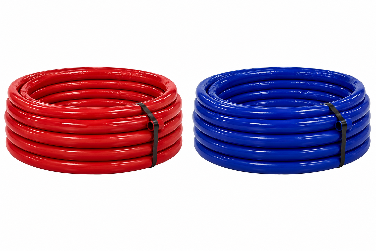 Rode en blauwe ge&iuml;soleerde leiding voor verwarmings- en koelsystemen, op rol geleverd voor toepassing in vloer-, wand- en plafondverwarming.